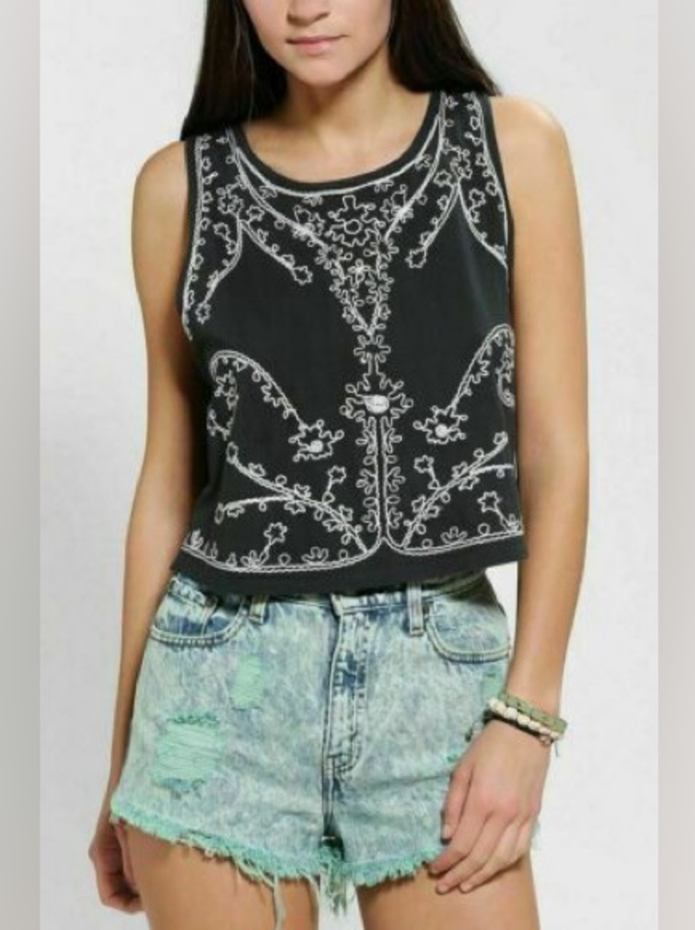 Urban Outfitters | Ecote Embroidered Boho Tie Back Crop Shirt